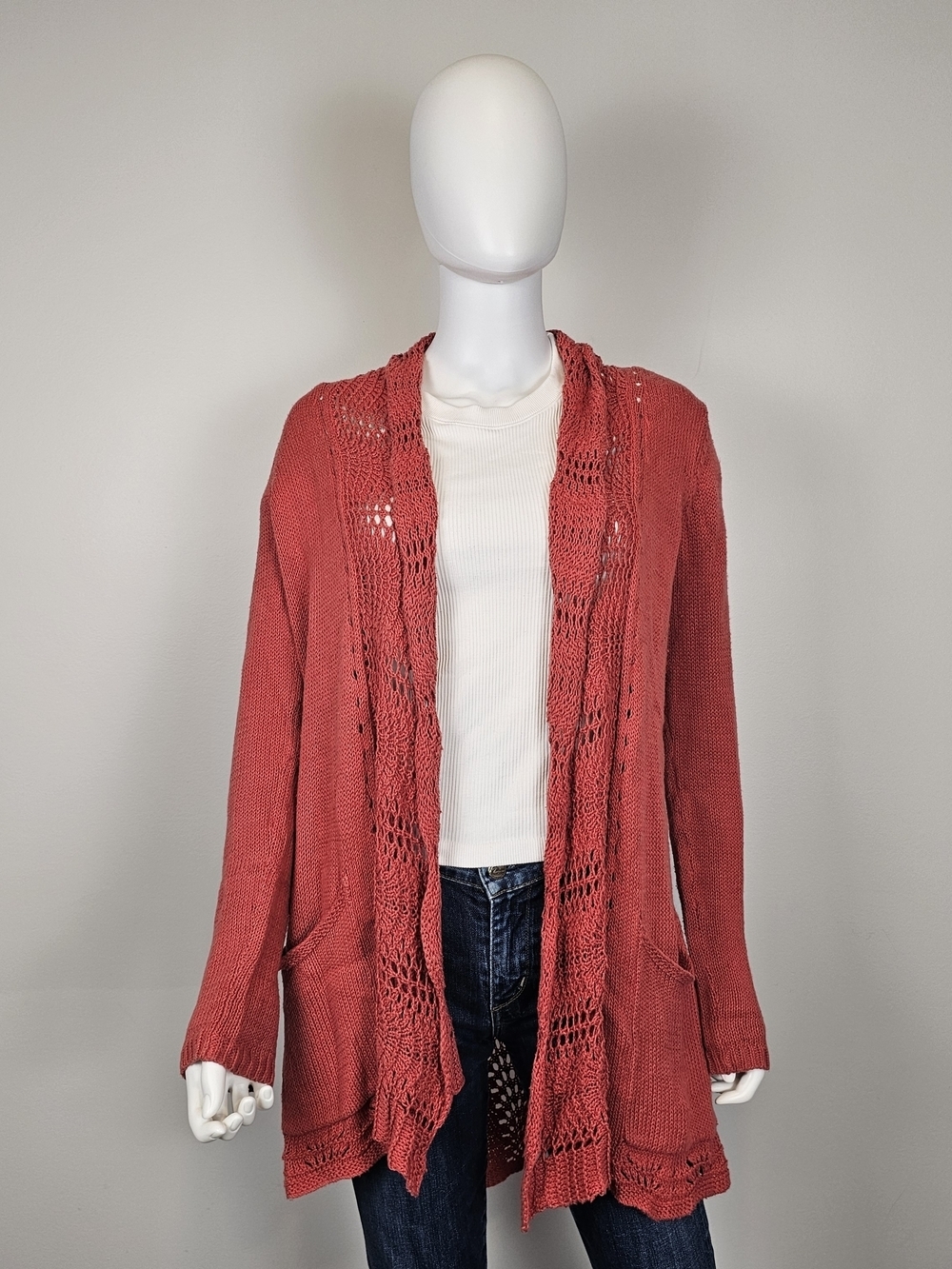 Angel Of The North Anthropologie Coral Knit Orange Red Open-Front Cardigan Sz S